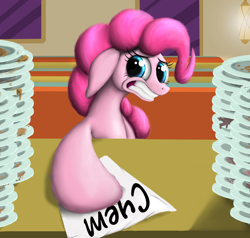 Size: 3360x3200 | Tagged: safe, artist:vladimir-olegovych, character:pinkie pie, species:earth pony, species:pony, episode:the saddle row review, g4, my little pony: friendship is magic, bill, diner, female, floppy ears, grimace, plate, plates, russian, scene interpretation, solo