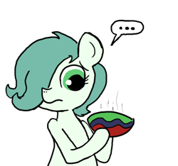 Size: 640x600 | Tagged: safe, artist:ficficponyfic, artist:methidman, edit, oc, oc only, oc:emerald jewel, species:earth pony, species:pony, ..., bowl, child, color edit, colored, colt, colt quest, cyoa, danger, foal, hair over one eye, male, stew, unsure