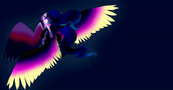 Size: 6541x3435 | Tagged: safe, artist:twigpony, character:princess luna, character:twilight sparkle, character:twilight sparkle (alicorn), species:alicorn, species:pony, ship:twiluna, big wings, colored wings, colored wingtips, female, lesbian, mare, shipping, spread wings, wings