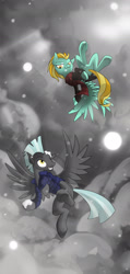 Size: 1024x2158 | Tagged: safe, artist:jaeneth, character:lightning dust, character:thunderlane, species:pegasus, species:pony, clothing, cloud, female, male, mare, playing, request, shipping, sky, snow, snowball fight, stallion, straight, thunderdust, underhoof