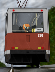 Size: 2016x2664 | Tagged: safe, artist:subway777, oc, oc only, oc:ray muller, species:pegasus, species:pony, city, clothing, hoodie, melancholy, perm, ponytail, rain, russia, russian, tram, water