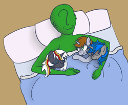 Size: 1100x900 | Tagged: safe, artist:ononim, oc, oc only, oc:anon, oc:homage, oc:littlepip, oc:velvet remedy, species:human, species:pony, species:unicorn, fallout equestria, anon gets all the mares, anon the lesbian converter, bed, cuddling, eyes closed, female, hetero littlepip, hug, lucky bastard, male, mare, simple background, size difference, sleeping, smiling, wavy mouth