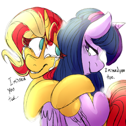 Size: 2000x2000 | Tagged: safe, artist:ihasjessie-kat, character:sunset shimmer, character:twilight sparkle, character:twilight sparkle (alicorn), species:alicorn, species:pony, species:unicorn, ship:sunsetsparkle, crying, cute, female, hug, lesbian, mare, shimmerbetes, shipping, simple background, transparent background, twiabetes