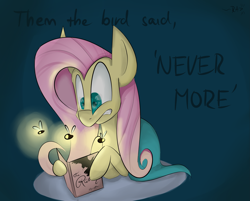 Size: 3847x3091 | Tagged: safe, artist:ratann, character:fluttershy, blanket, book, edgar allan poe, female, firefly, looking at something, lying down, nevermore, reading, scared, solo, the raven, wide eyes