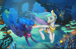 Size: 2000x1287 | Tagged: safe, artist:stasushka, character:princess celestia, character:princess luna, oc, species:alicorn, species:pony, bubble, commission, diving, diving goggles, fish, lifejacket, nose plug, snorkel, swimming, underwater