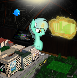 Size: 1900x1908 | Tagged: safe, artist:subway777, character:lyra heartstrings, species:bird, building, car, chirper, cities skylines, city, game, macro, map, park, size difference, street, tram