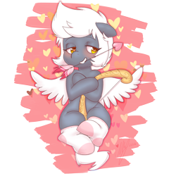 Size: 1280x1280 | Tagged: safe, artist:abeomaero, oc, oc only, oc:riptide, arrow, blushing, bow (weapon), chibi, clothing, cupid, mouth hold, smiling, socks, solo, wings