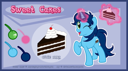 Size: 2500x1393 | Tagged: safe, artist:lifyen, oc, oc only, oc:sweet cakes, reference sheet, smiling, solo