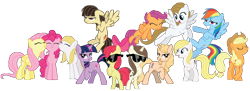 Size: 11000x4000 | Tagged: safe, artist:midnight--blitz, character:apple bloom, character:applejack, character:fluttershy, character:pinkie pie, character:rainbow dash, character:scootaloo, character:twilight sparkle, character:twilight sparkle (unicorn), character:wild fire, oc, oc:taralicious, species:earth pony, species:pegasus, species:pony, species:unicorn, andrea libman, apple bloom's bow, applejack's hat, ashleigh ball, bipedal, bow, clothing, cowboy hat, crossed arms, eyes closed, female, filly, flying, grin, hair bow, hat, madeleine peters, mane bow, mare, michelle creber, ponidox, ponified, puffy cheeks, raised hoof, scootaloo can fly, self ponidox, sibsy, simple background, smiling, sunglasses, tara strong, transparent background, unamused, vector, voice actor, wild fire is not amused, wip
