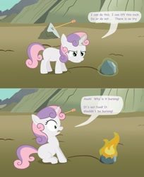 Size: 2500x3068 | Tagged: safe, artist:birdco, character:sweetie belle, arrow, comic, epic fail, fail, fire, how, magic, physically impossible, pyro belle, rock, sweetie fail, this will end in fire