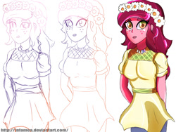Size: 1024x768 | Tagged: safe, artist:superiorinfamea, character:gloriosa daisy, equestria girls:legend of everfree, g4, my little pony: equestria girls, my little pony:equestria girls, breasts, busty gloriosa daisy, clothing, colored, colored sketch, female, freckles, lineart, magical geodes, progress, solo