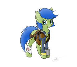 Size: 900x776 | Tagged: safe, artist:ethaes, oc, oc only, oc:scotch tape, fallout equestria, fallout equestria: project horizons, bandage, clothing, fallout, fallout equestria: homelands, pipbuck, simple background, solo, transparent background, utility belt, vault suit