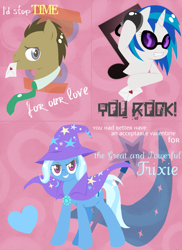 Size: 745x1024 | Tagged: safe, artist:musapan, character:dj pon-3, character:doctor whooves, character:time turner, character:trixie, character:vinyl scratch, text, valentine, valentine's day