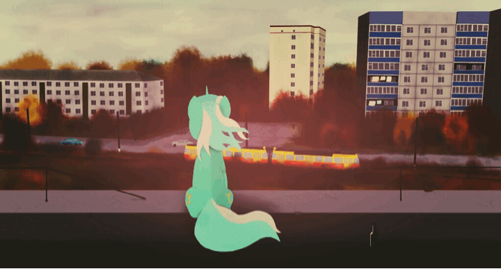 Size: 720x387 | Tagged: safe, artist:subway777, edit, character:lyra heartstrings, species:pony, species:unicorn, animated, city, female, gif, looking away, mare, plattenbau, pony on earth, roof, rooftop, russia, russian, sitting, solo, tram, windswept mane