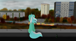 Size: 4100x2200 | Tagged: safe, artist:subway777, character:lyra heartstrings, species:pony, species:unicorn, autumn, city, facing away, female, looking away, mare, plattenbau, roof, russia, sitting, solo, tatra t3, tram, windswept mane