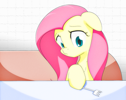 Size: 1591x1259 | Tagged: safe, artist:ando, character:fluttershy, episode:the saddle row review, g4, my little pony: friendship is magic, female, floppy ears, fork, looking at something, scene interpretation, solo, table, unsure