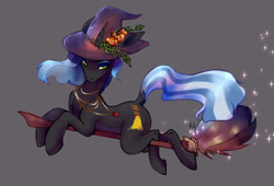 Size: 1444x981 | Tagged: safe, artist:naminzo, oc, oc only, species:pony, species:unicorn, broom, clothing, flying, flying broomstick, gem, hat, jewelry, looking back, necklace, simple background, solo, sparkles, witch, witch hat