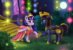 Size: 1024x702 | Tagged: safe, artist:stasushka, character:twilight sparkle, character:twilight sparkle (alicorn), oc, oc:zephyr, species:alicorn, species:pony, armor, big crown thingy, canon x oc, clothing, dress, helmet, jewelry, male, moon, regalia, shipping, straight, twiphyr