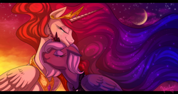 Size: 1050x560 | Tagged: safe, artist:heilos, character:princess celestia, character:princess luna, species:alicorn, species:pony, :t, alternate hair color, crescent moon, crying, duality, duo, duo female, ethereal mane, eyes closed, eyeshadow, female, floppy ears, galaxy mane, gradient hair, happy, heart, jewelry, makeup, mare, moon, neck nuzzle, night, nuzzling, peytral, red mane, s1 luna, sisters, sitting, smiling, snuggling, sparkles, stars, sunset, tears of joy, tiara, wing fluff