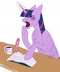 Size: 1289x1529 | Tagged: safe, artist:twigpony, character:twilight sparkle, character:twilight sparkle (alicorn), species:alicorn, species:pony, bags under eyes, book, coffee, cup, eyes closed, female, open mouth, quill, reading, sleepy, solo, writing, yawn