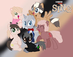 Size: 2140x1672 | Tagged: safe, artist:mixelfangirl100, ash (sing), buster moon, johnny (sing), meena, parody, ponified, rosetta (sing), sing (movie)