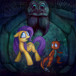 Size: 720x720 | Tagged: safe, artist:voodoo-tiki, character:fluttershy, oc, species:dragon, species:pegasus, species:pony, aragog, dragon oc, female, giant spider, harry potter, male, mare, species:acromantula, spider, spider web, trio
