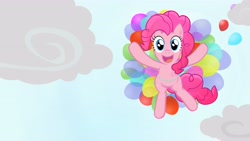 Size: 4859x2733 | Tagged: safe, artist:minimoose772, character:pinkie pie, species:earth pony, species:pony, g4, balloon, female, flying, happy, mare, photoshop, solo, then watch her balloons lift her up to the sky, wallpaper