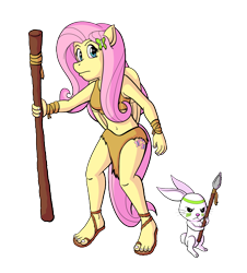 Size: 1900x2100 | Tagged: safe, artist:regularmouseboy, character:angel bunny, character:fluttershy, species:anthro, species:pegasus, species:plantigrade anthro, species:pony, belly button, cave pony, caveman, cavemare, clothing, cutie mark, duo, legs, loincloth, midriff, rainbow wake, sandals, simple background, skirt, spear, staff, thighs, transparent background, tribal