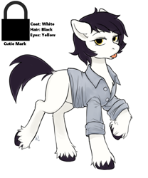 Size: 646x777 | Tagged: safe, artist:stardrawsponies, oc, oc only, oc:padlock, species:earth pony, species:pony, buttons, clothing, female, simple background, solo, tongue out, unshorn fetlocks, white background, writing