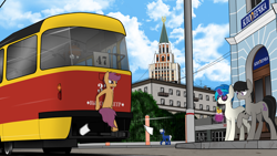 Size: 3444x1940 | Tagged: safe, artist:subway777, character:dj pon-3, character:octavia melody, character:scootaloo, character:vinyl scratch, oc, city, clop, fence, food, freighthopping, glasses, metro, paper, park, russian, shawarma, stalliongrad, street, tatra t3, train surfing, tram, zaceping