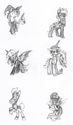 Size: 1280x2175 | Tagged: safe, artist:agentkirin, character:fili-second, oc, oc only, oc:azure glory, oc:buttercup, oc:clever comet, oc:feather fluff, oc:galaxy star, oc:sky song, oc:stitches, species:bat pony, species:dracony, species:pony, episode:power ponies, g4, my little pony: friendship is magic, clothing, costume, hybrid, monochrome, mr hyde, nightmare night, timber wolf, vampire, witch