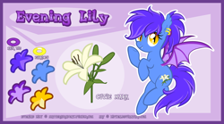 Size: 2000x1115 | Tagged: safe, artist:lifyen, oc, oc only, oc:evening lily, species:bat pony, species:pony, reference sheet, solo