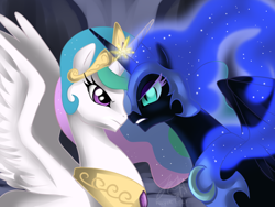 Size: 1024x768 | Tagged: dead source, safe, artist:cat-cly, character:nightmare moon, character:princess celestia, character:princess luna, species:alicorn, species:pony, duo, duo female, eye contact, female, horns are touching, looking at each other, mare
