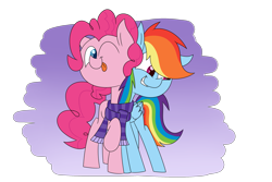 Size: 2743x1828 | Tagged: safe, artist:supercoco142, character:pinkie pie, character:rainbow dash, species:earth pony, species:pegasus, species:pony, ship:pinkiedash, clothing, female, lesbian, mare, one eye closed, raised hoof, scarf, shared clothing, shared scarf, shipping, simple background, smiling, tongue out, transparent background, wink