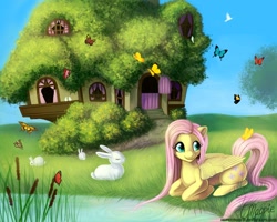 Size: 1000x800 | Tagged: dead source, safe, artist:laurenmagpie, character:fluttershy, species:pegasus, species:pony, species:rabbit, g4, butterfly, female, fluttershy's cottage, mare, photoshop, pond, prone, solo, water