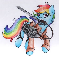 Size: 1799x1727 | Tagged: safe, artist:coffytacotuesday, character:rainbow dash, attack on titan, clothing, crossover, female, mouth hold, shingeki no koyubi, solo, sword, traditional art, weapon