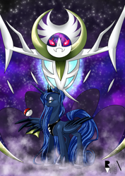 Size: 1013x1433 | Tagged: safe, artist:allocen, character:princess luna, species:alicorn, species:pony, colored wings, colored wingtips, crossover, eyeshadow, fangs, female, fog, lidded eyes, looking at you, lunala, makeup, mare, pokéball, pokémon, pokémon sun and moon, smiling, smirk, spread wings, stars, wings