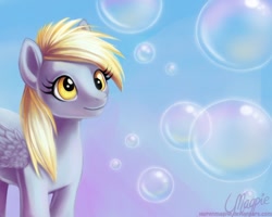 Size: 750x600 | Tagged: dead source, safe, artist:laurenmagpie, character:derpy hooves, species:pegasus, species:pony, g4, bubble, female, happy, mare, photoshop, solo