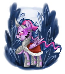 Size: 675x771 | Tagged: safe, artist:vago-xd, part of a set, character:king sombra, character:twilight sparkle, character:twilight sparkle (alicorn), species:alicorn, species:pony, species:unicorn, bevor, black crystals, boots, cape, chestplate, clothing, costume, crown, crystal, dark crystal, female, gorget, horn armor, horn cone, horseshoes, jewelry, nightmare night, nightmare night costume, regalia, robe, shoes, simple background, solo, sombra eyes, sombra's cape, tiara, white background