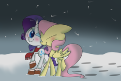 Size: 2743x1828 | Tagged: safe, artist:supercoco142, character:fluttershy, character:rarity, ship:rarishy, female, lesbian, shipping, snow, winter