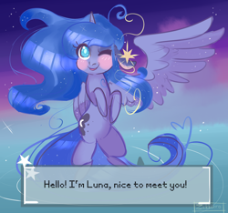 Size: 1600x1500 | Tagged: safe, artist:zakkurro, character:princess luna, species:alicorn, species:pony, bipedal, blush sticker, blushing, dialogue, female, mare, one eye closed, one wing out, smiling, solo, visual novel, wink