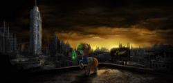 Size: 1565x750 | Tagged: safe, artist:empalu, oc, oc only, oc:littlepip, species:pony, species:unicorn, fallout equestria, city, clothing, fanfic, fanfic art, female, game: fallout equestria: remains, glowing horn, gun, handgun, hooves, horn, levitation, little macintosh, looking away, magic, manehattan, mare, optical sight, post-apocalyptic, raised hoof, revolver, ruins, scenery, skyscraper, solo, sunset, telekinesis, tenpony tower, vault suit, wasteland, weapon, windswept mane