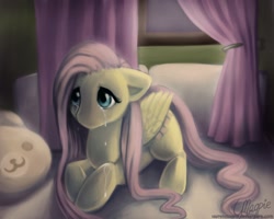 Size: 900x720 | Tagged: dead source, safe, artist:laurenmagpie, character:fluttershy, species:pegasus, species:pony, g4, bed, crying, female, floppy ears, mare, photoshop, prone, sad, solo