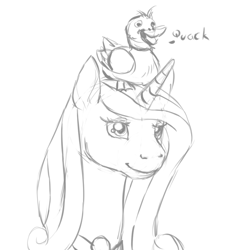 Size: 1024x1024 | Tagged: safe, artist:breadworth, character:princess cadance, species:alicorn, species:duck, species:pony, bust, female, grayscale, lidded eyes, monochrome, portrait, quack, simple background, sketch, smiling, solo, white background