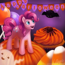 Size: 750x750 | Tagged: dead source, safe, artist:laurenmagpie, character:pinkie pie, species:earth pony, species:pony, banner, bat, candy, candy corn, cupcake, female, food, ghost, halloween, holiday, jack-o-lantern, lollipop, mare, nightmare night, photoshop, pumpkin, smiling, solo, spider