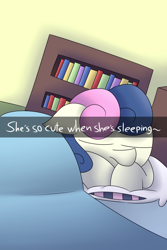 Size: 1440x2160 | Tagged: safe, artist:supercoco142, character:bon bon, character:sweetie drops, bed, blanket, book, bookshelf, eyes closed, female, pillow, prone, sleeping, snapchat, solo