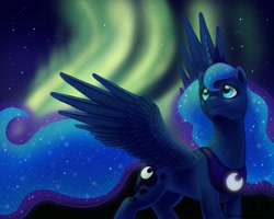 Size: 900x720 | Tagged: dead source, safe, artist:laurenmagpie, character:princess luna, species:alicorn, species:pony, g4, aurora borealis, female, looking up, mare, photoshop, solo, spread wings, wings