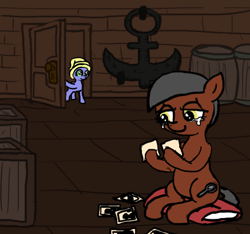 Size: 640x600 | Tagged: safe, artist:ficficponyfic, artist:methidman, oc, oc only, oc:clover patch, species:earth pony, species:pony, a foal's adventure, anchor, barrel, blank flank, child, crate, crying, cyoa, door, female, filly, foal, mare, photo, photos, pillow, pirate, story included, towel