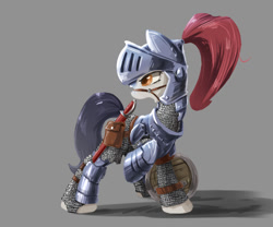 Size: 600x500 | Tagged: safe, artist:l8lhh8086, oc, oc only, armor, fantasy class, gray background, knight, open mouth, plume, saddle bag, shield, simple background, solo, sword, warrior, weapon