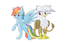 Size: 2015x1356 | Tagged: safe, artist:ethaes, character:gilda, character:rainbow dash, species:griffon, redraw, simple background, smiling, transparent background, wings